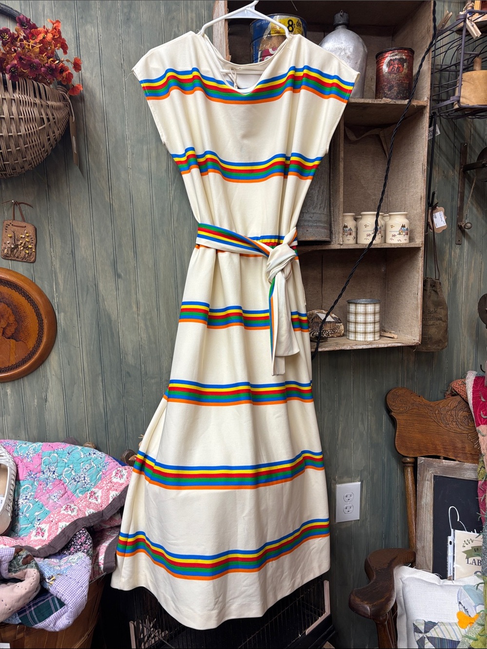1970s Cream Striped Maxi Dress with Rainbow Bands